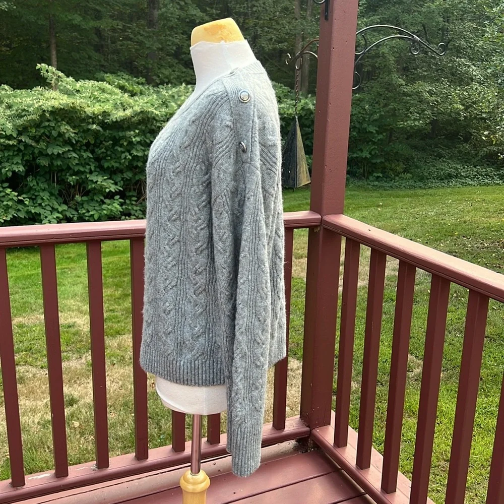 J. Crew grey medium cable knit alpaca wool blend sweater with buttons.